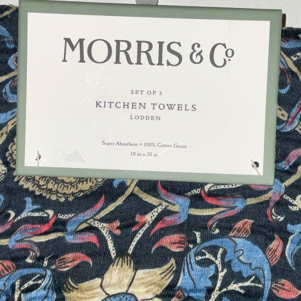 MORRIS & Co. LODDEN FLORAL BLUE 100% COTTON ABSORBENT GAUZE 3 KITCHEN TOWELS NWT
